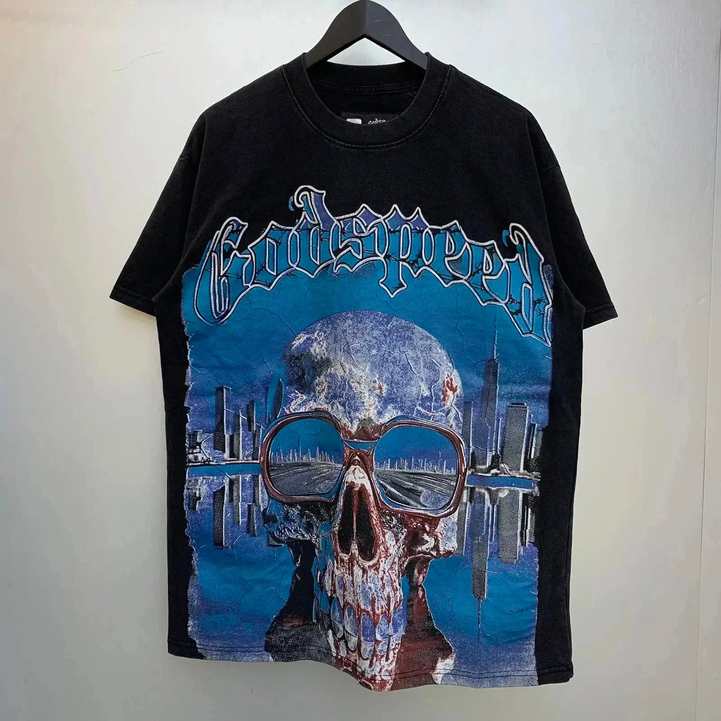 God spe**  Amig**Washed and distressed American street style unisex summer pure cotton loose retro short sleeve T Shirt-0445