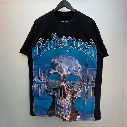 God spe**  Amig**Washed and distressed American street style unisex summer pure cotton loose retro short sleeve T Shirt-0445